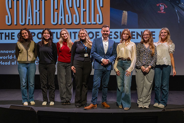 Students with Innovation Week keynote speaker Stuart Cassells – founder of world-famous bagpipe band The Red Hot Chilli Pipers and Head of Private Client Relationship Manager at Macallan.