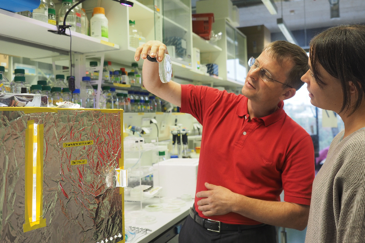 A professor demonstrates something for a student in a science lab