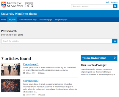 Screenshot of all posts page on University WordPress theme