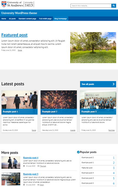 Screenshot of featured posts page on University WordPress theme