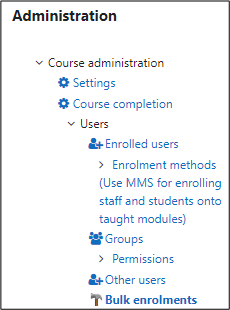 Screenshot of the administration block showing the user section expanded to reveal the bulk enrolments option.