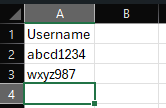 Screenshot of CSV file in excel containing the column heading 'Username' and two example usernames on row 2 and row 3.