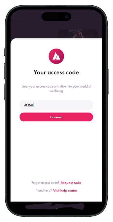 Mobile phone screen showing the access code entered into an input box and Connect button.