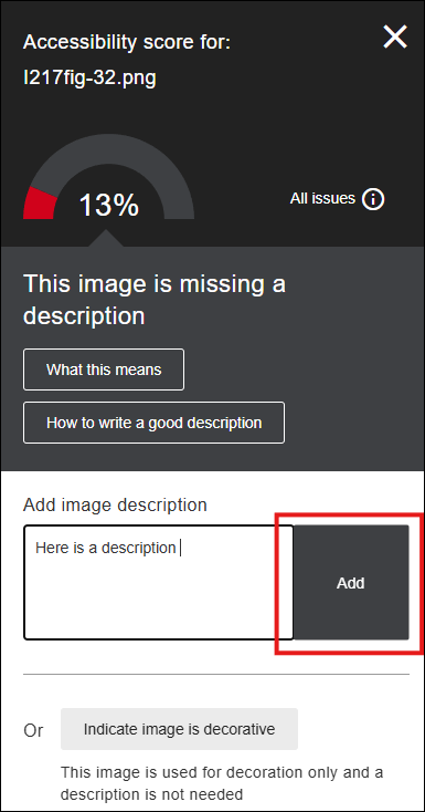 Screenshot of the Ally Accessibility Assistant showing how to add an image description.
