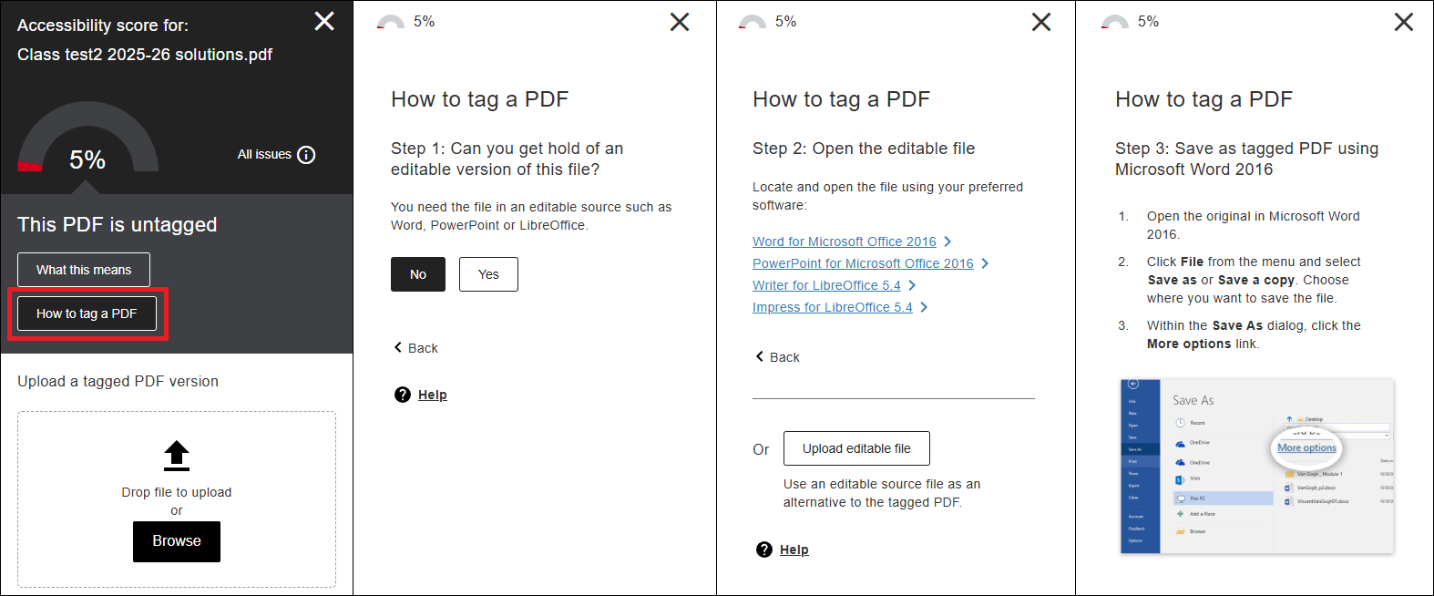Screenshot of Ally Accessibility Assistant walkthrough on how to fix an untagged document.