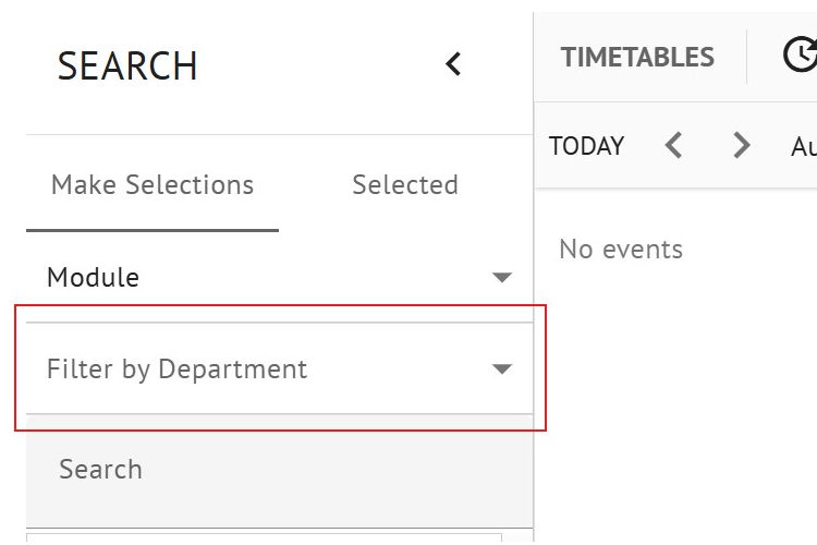 Screenshot of department filter to narrow down module code results in University timetabling system.