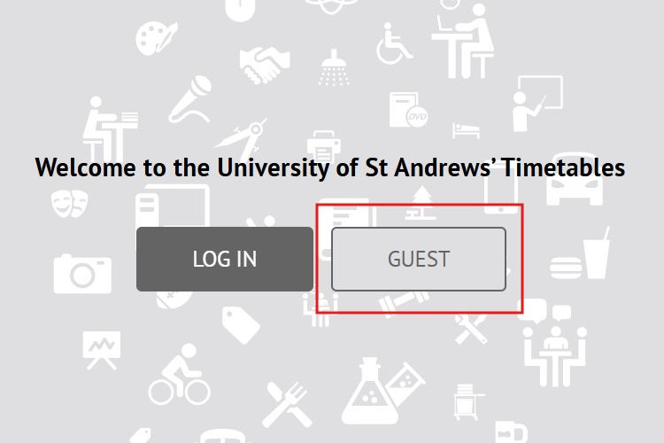 Screenshot of the University timetables login screen, highlighting the guest login button.