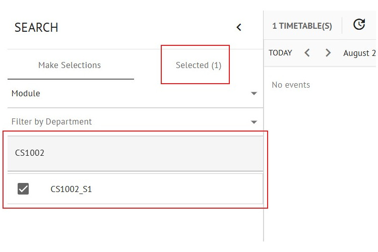 Screenshot of module code example entered into search box of University timetabling system.