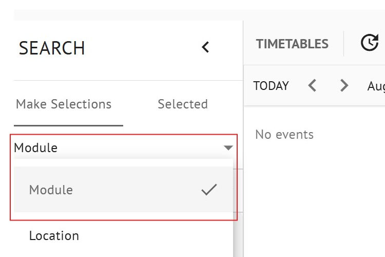 Screenshot of module search option in University timetabling system.