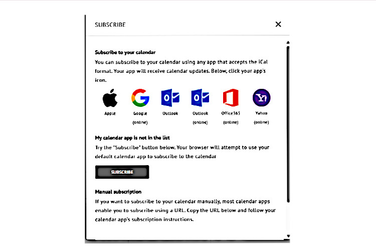 Screenshot of calendar subscription options on MySaint, the student portal at the University of St Andrews.
