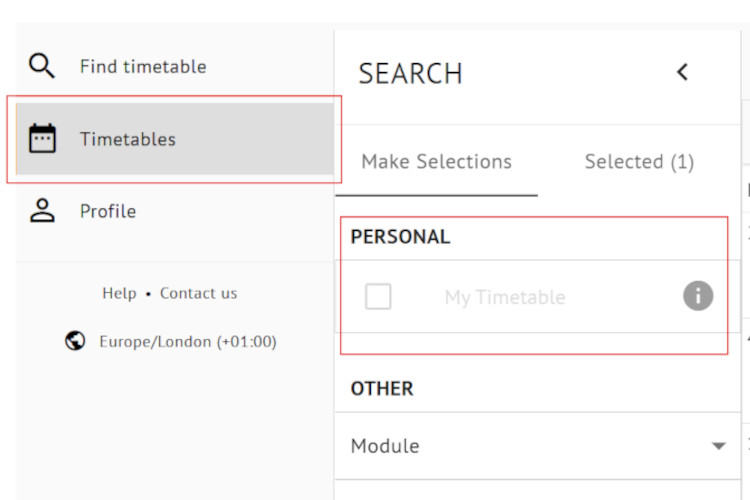Screenshot of tickbox to view a personal timetable in the University timetabling system.