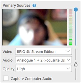 Screenshot of the Primary sources section of the Panopto application as it appears when a primary video source has been selected. Includes a preview of the video source, the audio level meter, video source selection, audio source selection, quality level selection and the option to capture computer audio.