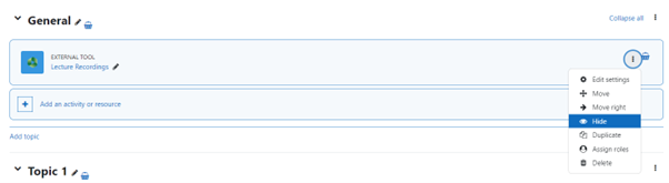 Screenshot of Moodle course page showing an activity or resource being set to hidden using the 'hide' option.