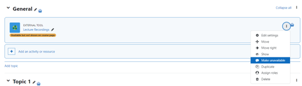 Screenshot of Moodle course page showing an activity or resource that is hidden being set to unavailable using the 'Make unavailable' option.