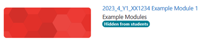 Screenshot of a Moodle course card from the 'My Courses' page. This shows that when a course is hidden, the message 'Hidden from students' will display.