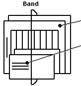 Black and white drawing showing envelopes of various sizes secured together with an elastic band