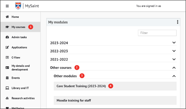 How to access the core student training modules screenshot