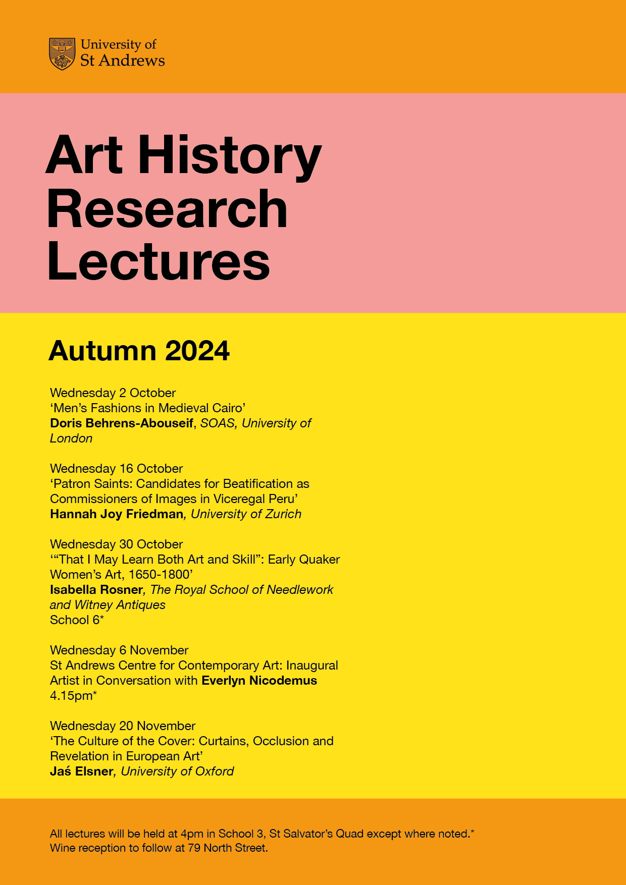 A listing of dates and lecture titles for Art History's 2024 Semester 1 Research Lectures