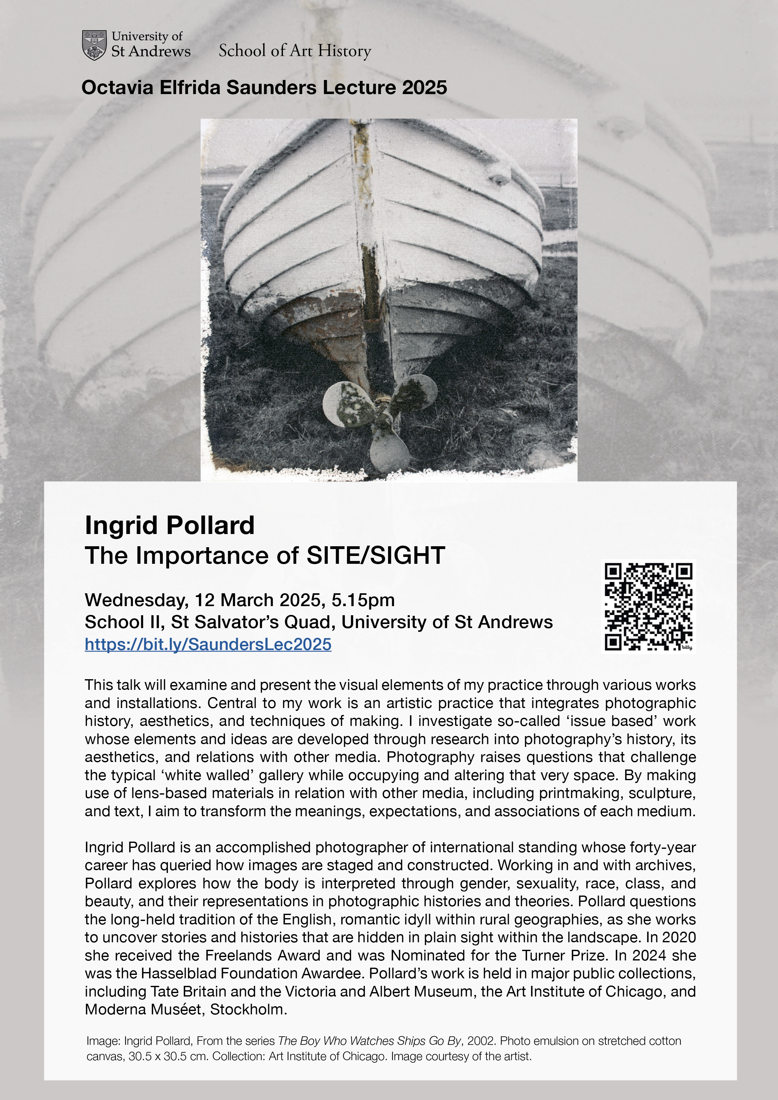 Poster for the Saunders Lecture in 2025 with Ingrid Pollard titled