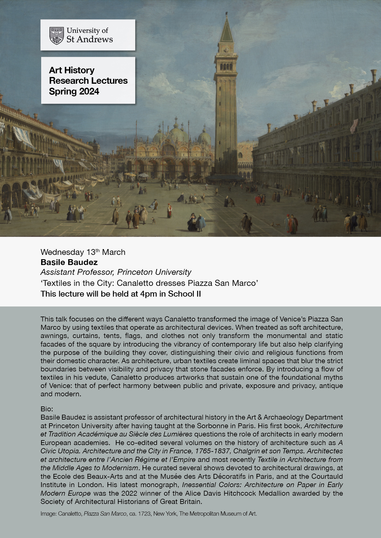 Join us 13 March for: 'Textiles in the City: Canaletto dresses Piazza San Marco'.