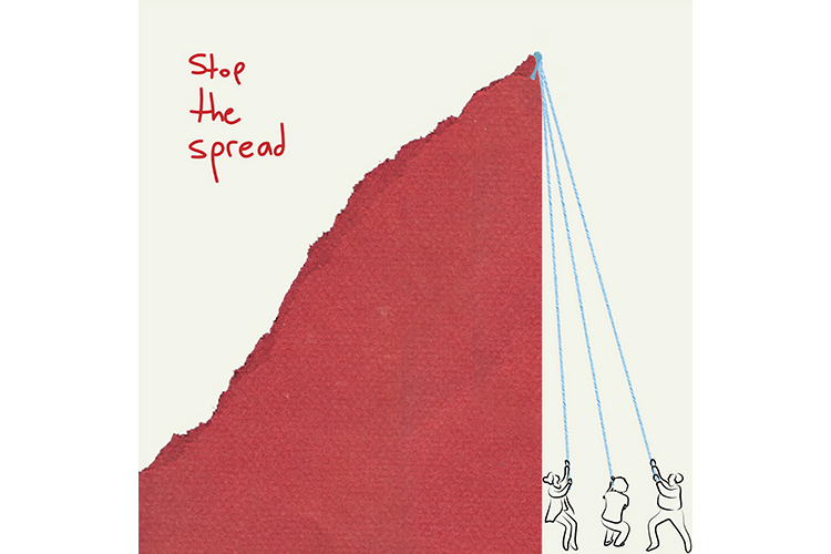 sketch of three people with ropes trying to pull down a graph curve that is going up, with the words Stop the spread; from unsplash UN Covid-19 Response