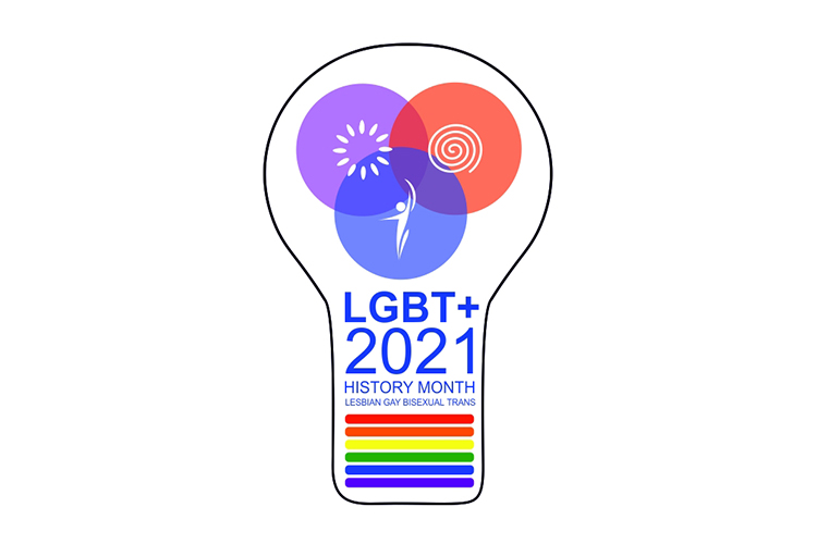 LGBT+ History Month 2021 design showing lightbulb with rainbow flag and circles for each element of the theme of body, mind and spirit