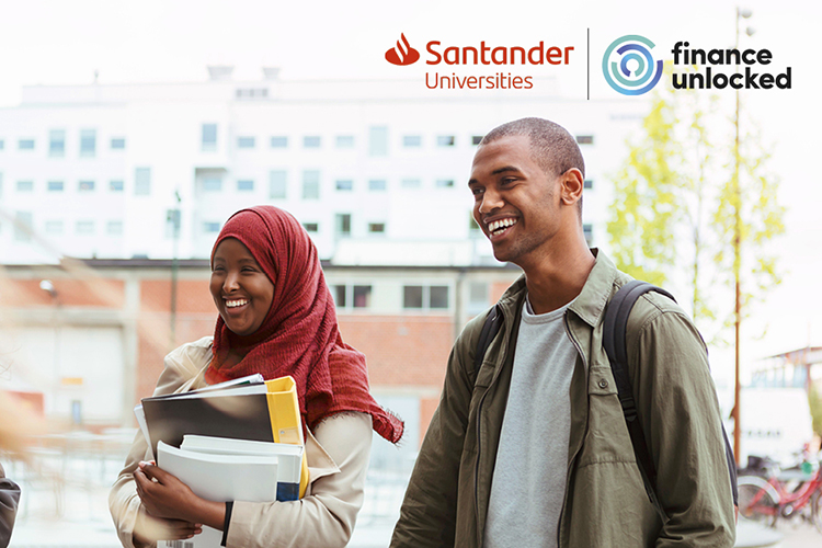 two students, with logos for Santander Universities and the Finance Unlocked programme