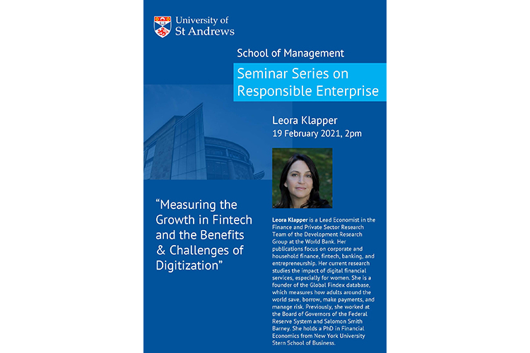 poster for School of Management Seminar Series on Responsible Enterprise first seminar with images of speaker Dr Leora Klapper and Gateway building