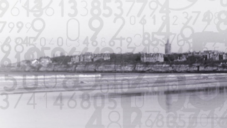 Black-white photo of the West Sands overlayed with many different numbers. 