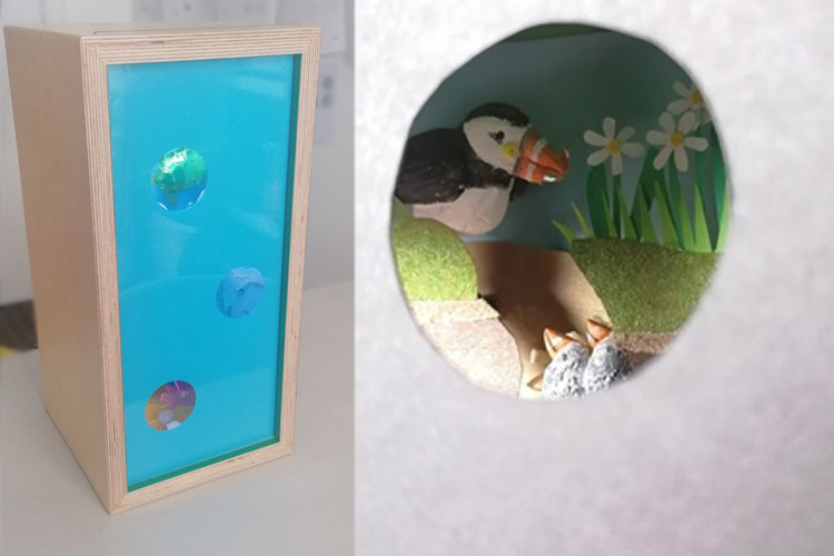Images of Peek-a-boo box external and internal showing Puffin model
