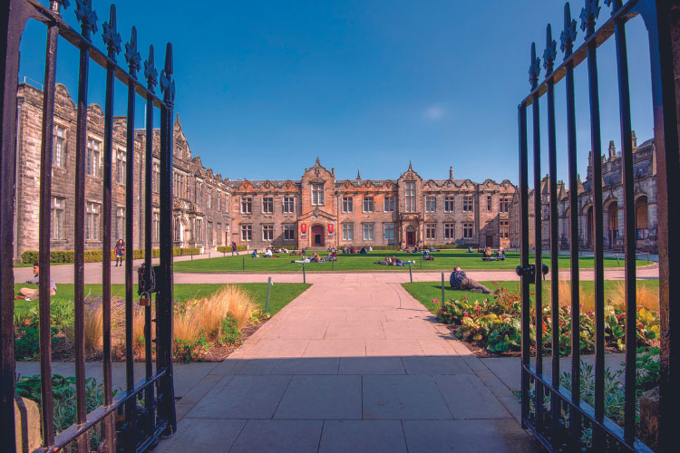 Looking through opened gates into St Salvators Quad in St Andrews.