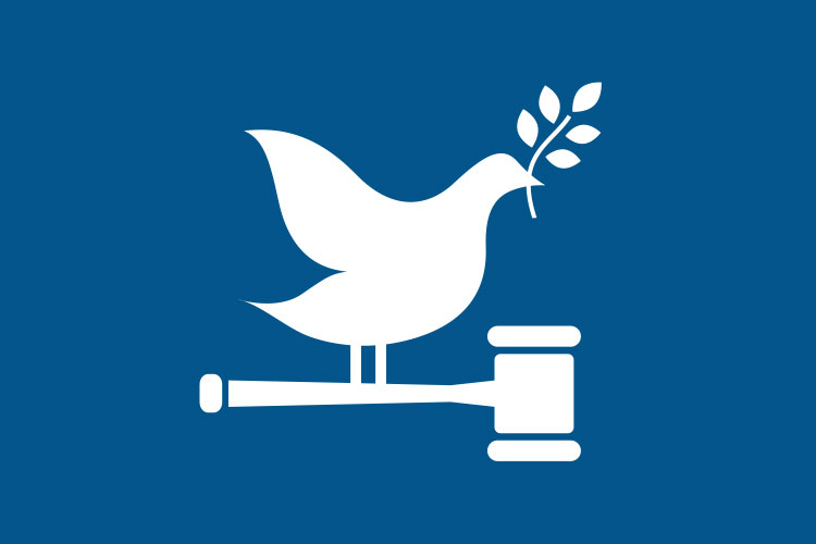 Graphic of a dove holding a peace branch sitting on a gavel