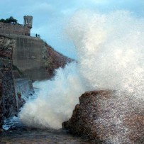 Waves hitting the coastal defence below Crail Castle, Fife