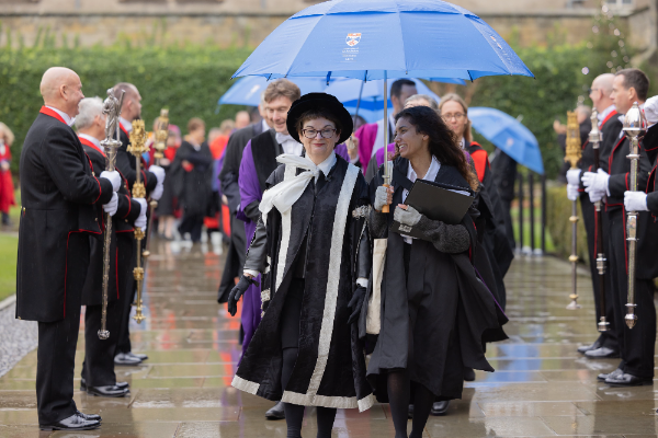 The Principal, Professor Dame Sally Mapstone, leads the graduation procession through St Salvator's Quad