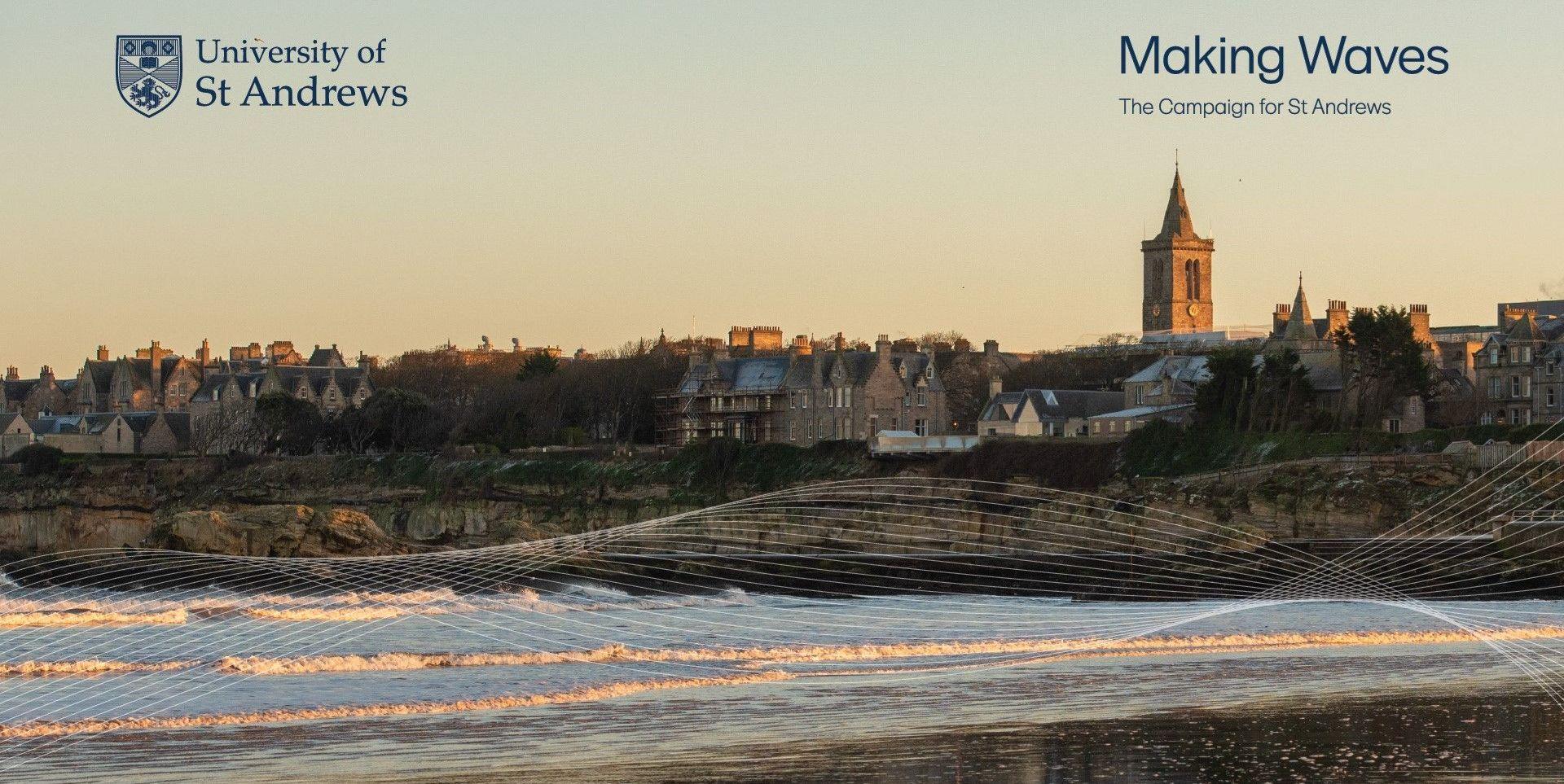Sunset image of the skyline of St Andrews from the beach, the Making Waves 'wave graphic' is overlaid. 