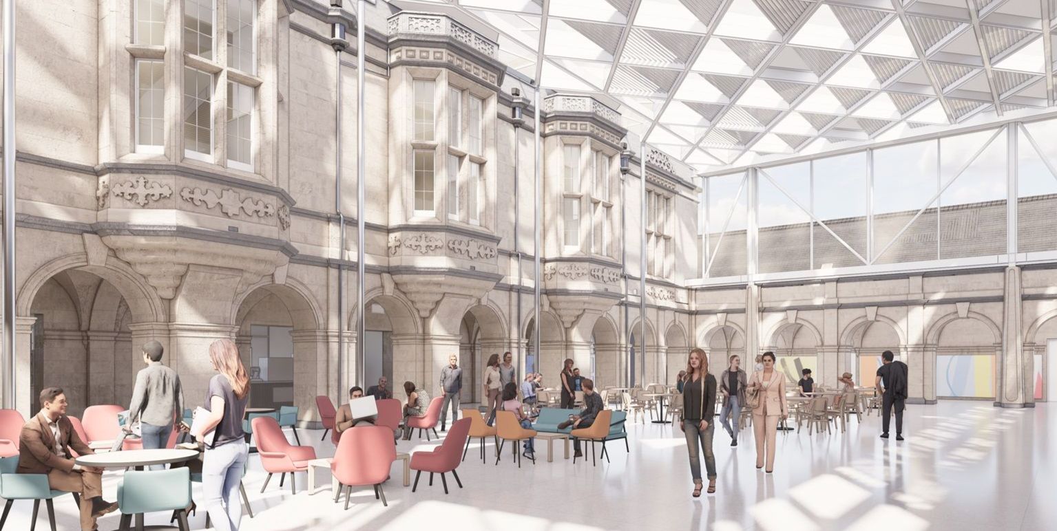 A digital architect's impression of 'New College' courtyard interior, featuring a glass roof and open plan seating