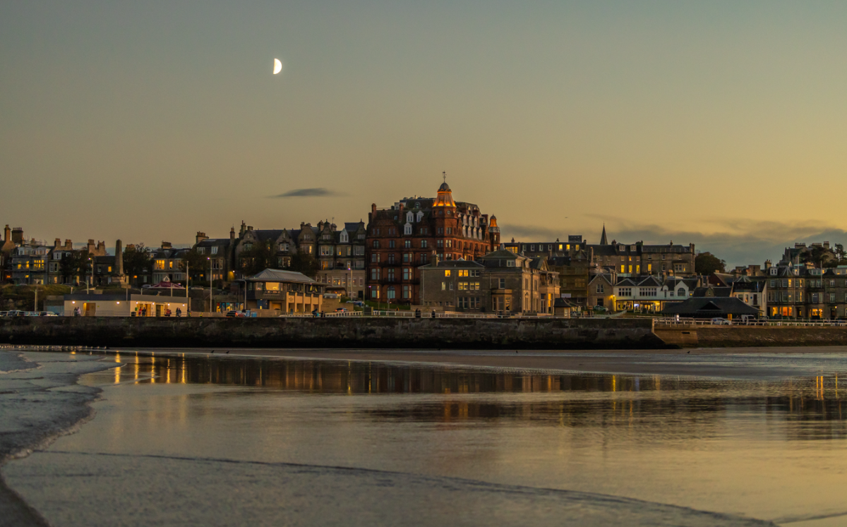 View of the St Andrews skyline at sunset - the former Hamilton Hall, now the Hamilton Grand, is centered in the image. 