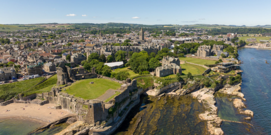 Drone image of the town of St Andrews as taken from Castle Sands Drone image of the town of St Andrews as taken from Castle Sands