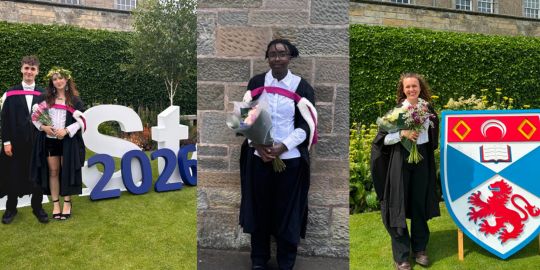 A collage picture showing three photographs. On the left is a student couple (male and female), one female student is pictured centre at graduation holding a bouquet of flowers, and on the right another female student in graduation robes stands next to the University crest. A collage picture showing three photographs. On the left is a student couple (male and female), one female student is pictured centre at graduation holding a bouquet of flowers, and on the right another female student in graduation robes stands next to the University crest.