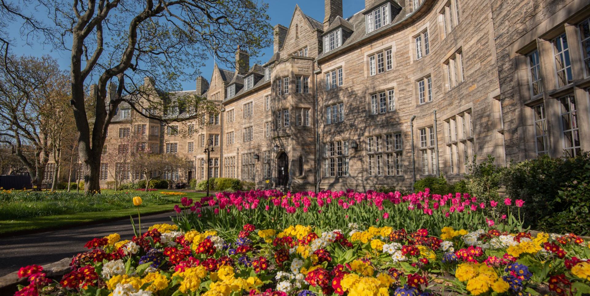 A spring image of St Salvator's Hall with flowers in full bloom at the bottom of the image A spring image of St Salvator's Hall with flowers in full bloom at the bottom of the image