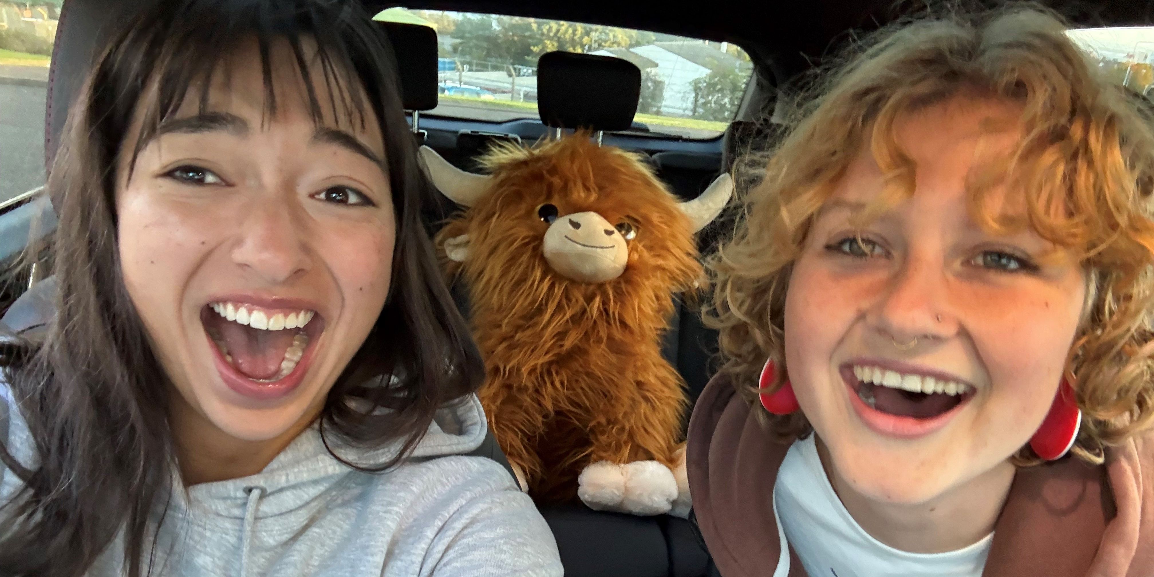 Lydia and Elise pose for a smiling selfie in a car, in the central back seat a large cuddly toy Highland cow can be seen. Lydia and Elise pose for a smiling selfie in a car, in the central back seat a large cuddly toy Highland cow can be seen.