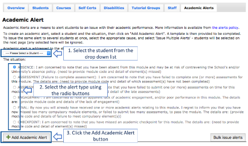 A figure indicating the stages of creating an academic alert.
1. Select the student from the drop down list
2. Select the alert type using the radio buttons
3. Click the Add Academic Alert button