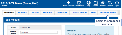 Figure indicating the Academic Alerts tab on the module overview