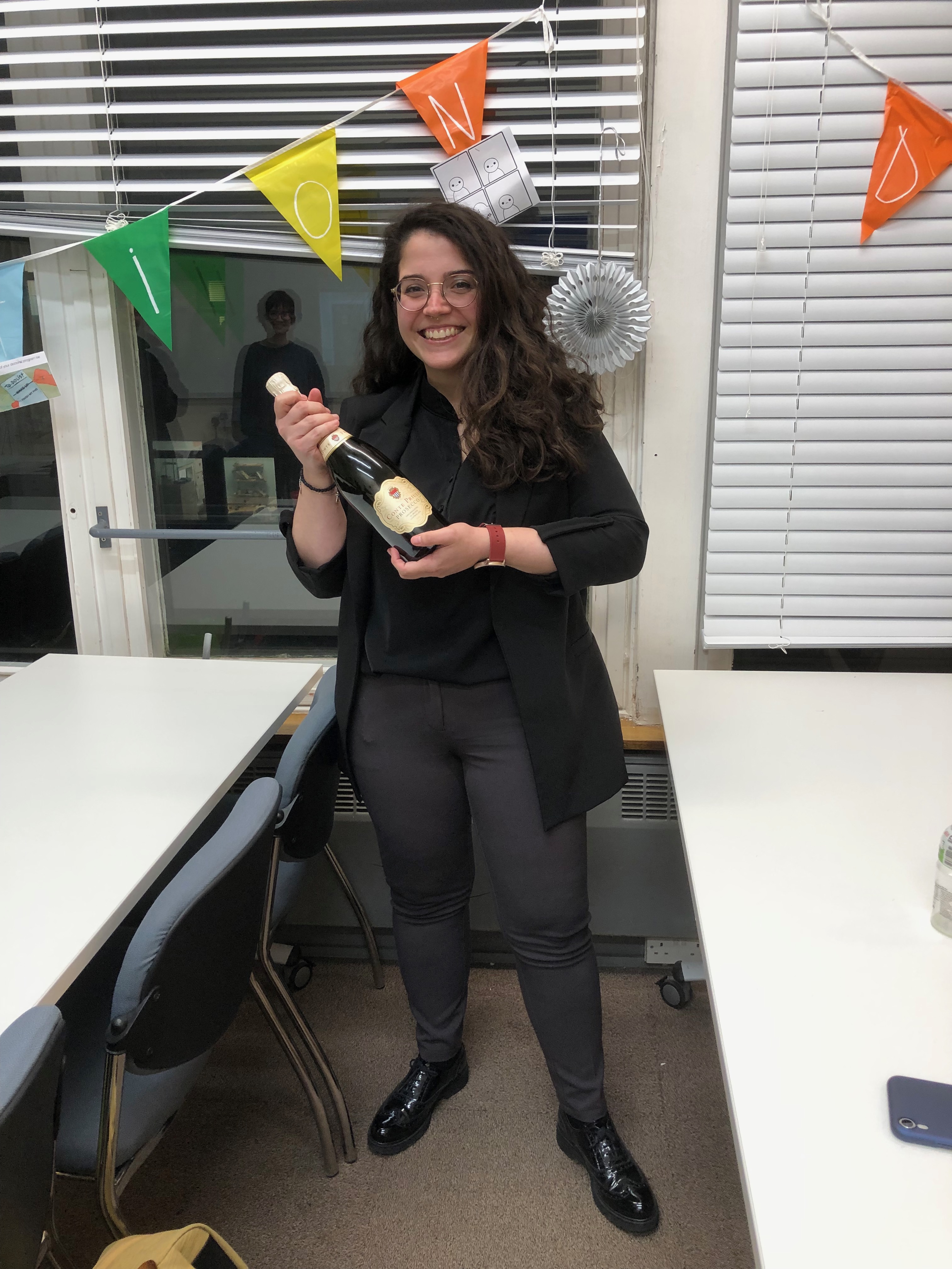 Maria Papa with some Prosecco post PhD viva